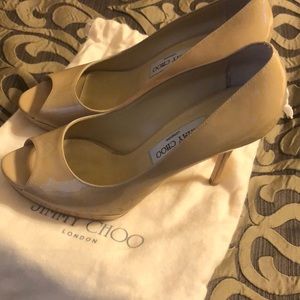 Jimmy Choo Platform Peeptoe Patent Nude Pump